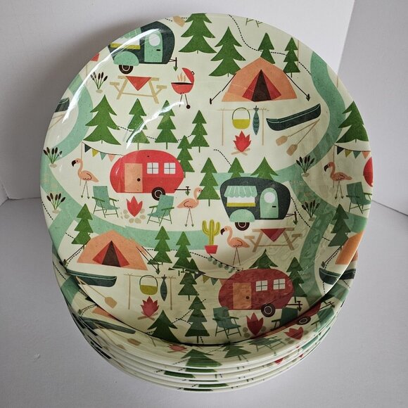 Lot of 7 Melamine 7.5" Bowls Camping Flamingo Tent RV Canoe Trees Grill Fire - Picture 2 of 4